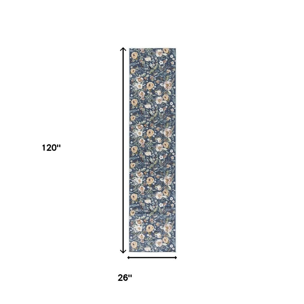 10' Blue Floral Washable Runner Rug