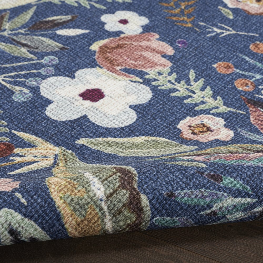 10' Blue Floral Washable Runner Rug