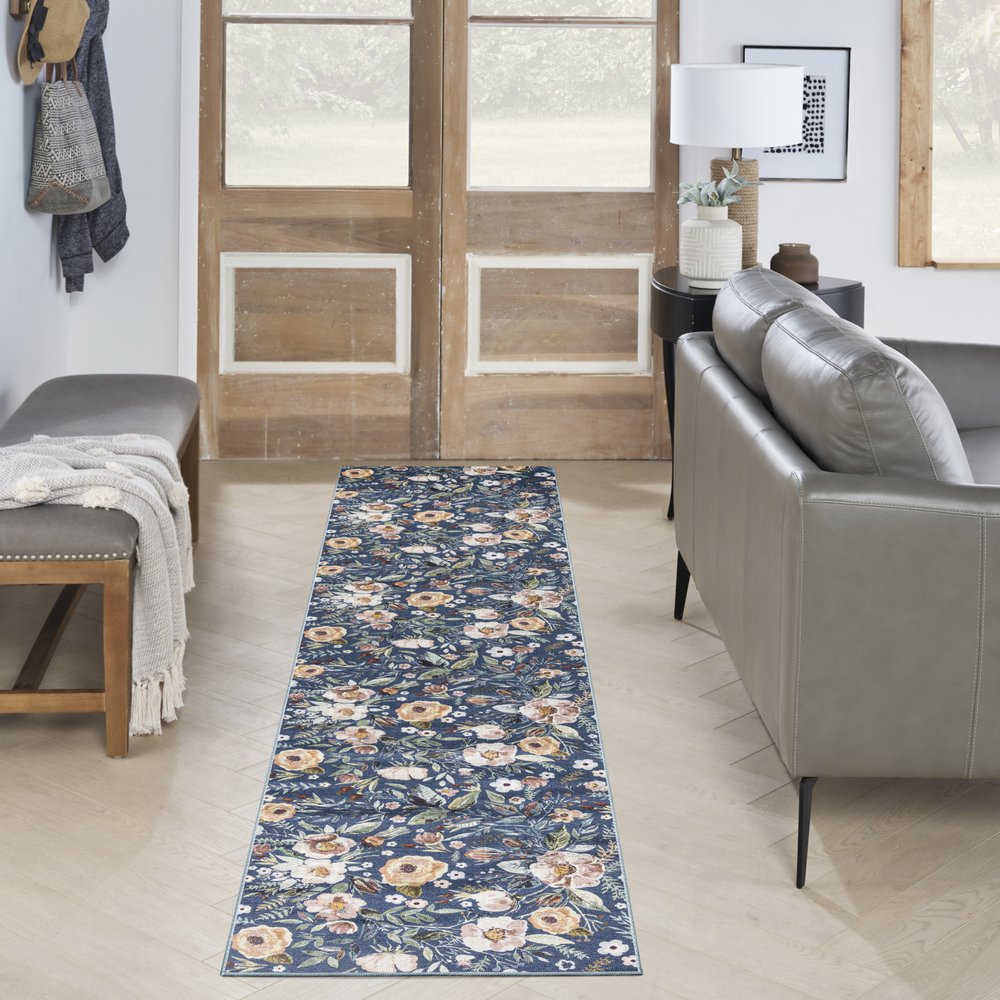 10' Blue Floral Washable Runner Rug