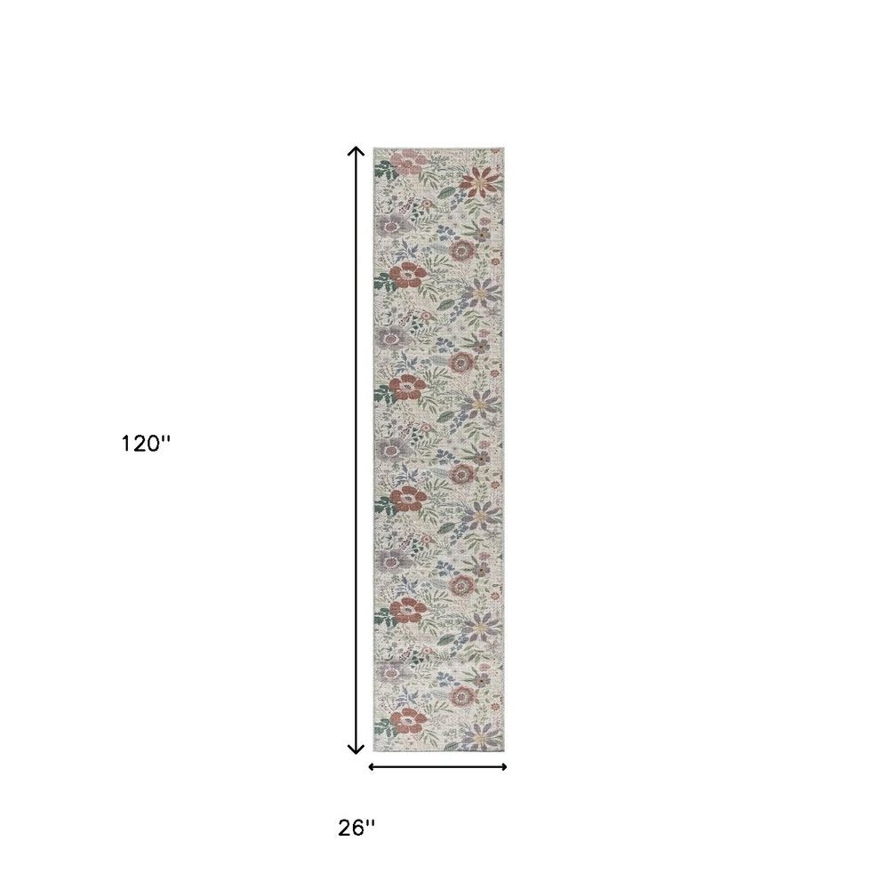10' Cream Floral Washable Runner Rug