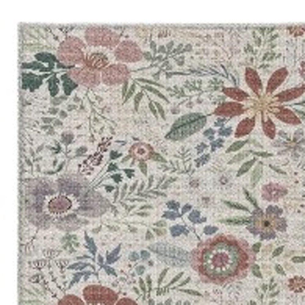 10' Cream Floral Washable Runner Rug