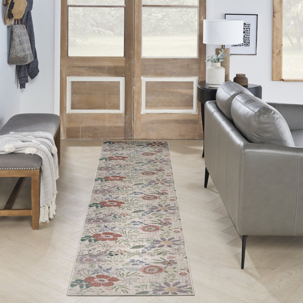 10' Cream Floral Washable Runner Rug