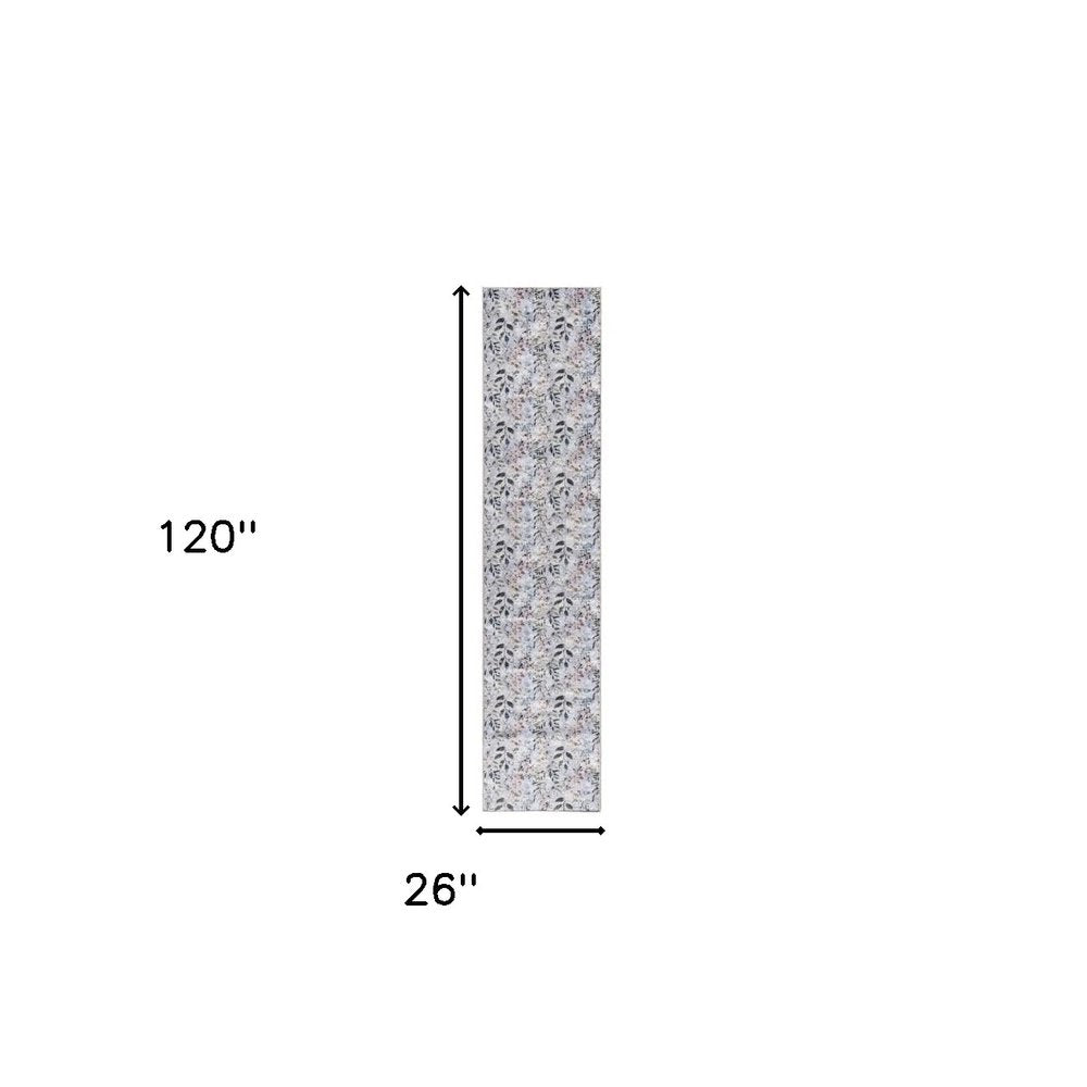 10' Cream Floral Washable Runner Rug