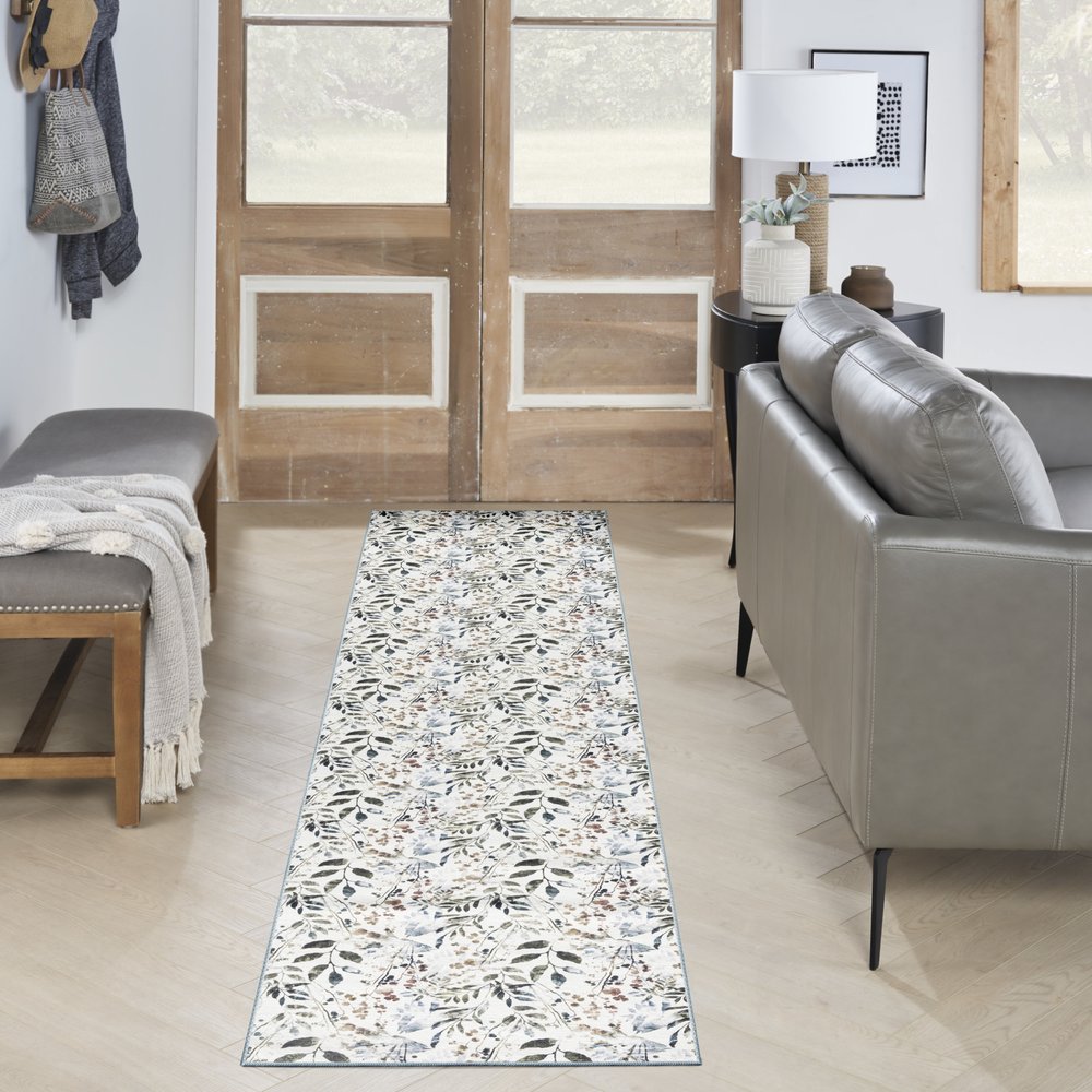 10' Cream Floral Washable Runner Rug
