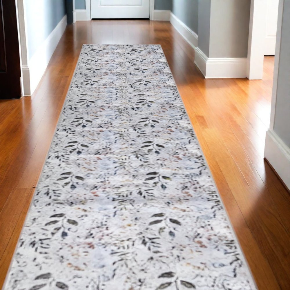 10' Cream Floral Washable Runner Rug