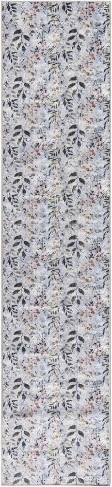 10' Gray And Blue Floral Washable Runner Rug
