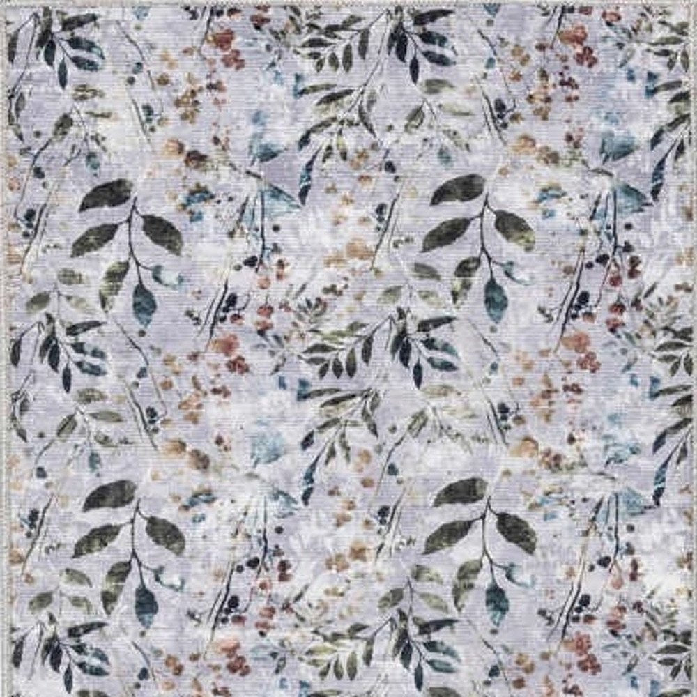 10' Gray And Blue Floral Washable Runner Rug