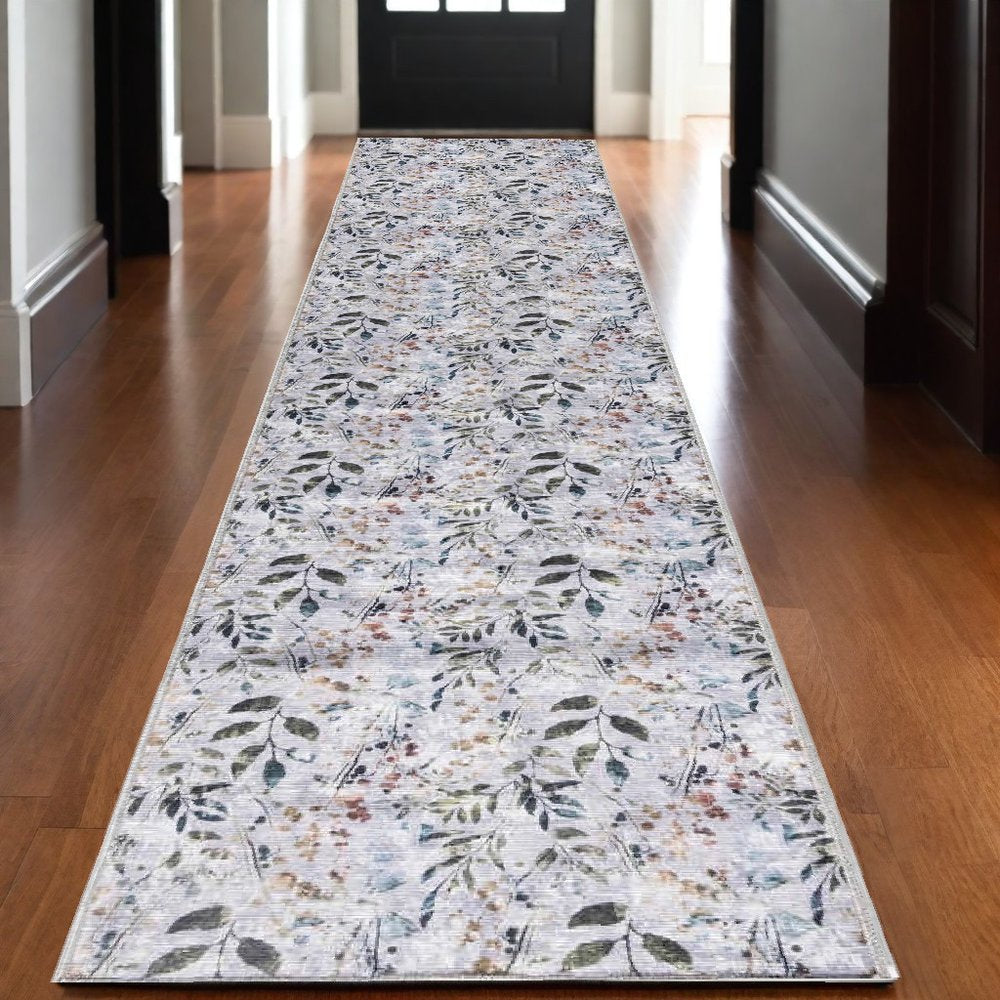 10' Gray And Blue Floral Washable Runner Rug