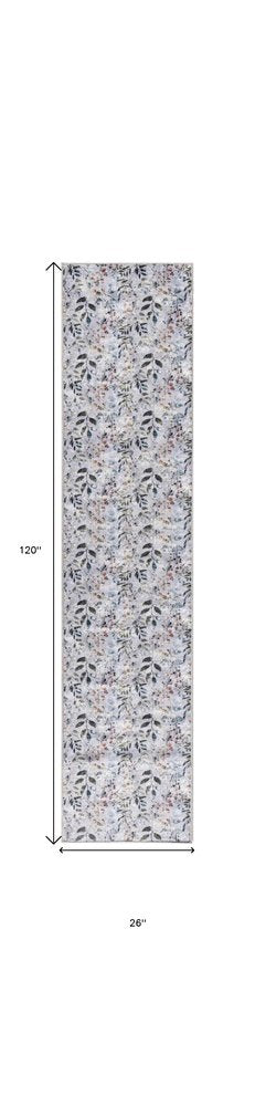 10' Gray And Blue Floral Washable Runner Rug
