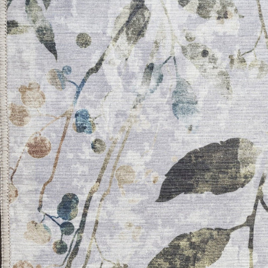 10' Gray And Blue Floral Washable Runner Rug