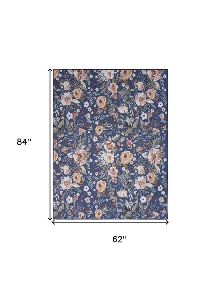 5' X 7' Blue and Green Floral Power Loom Washable Non Skid Area Rug