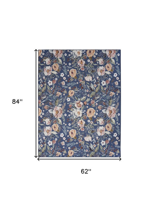 5' X 7' Blue and Green Floral Power Loom Washable Non Skid Area Rug