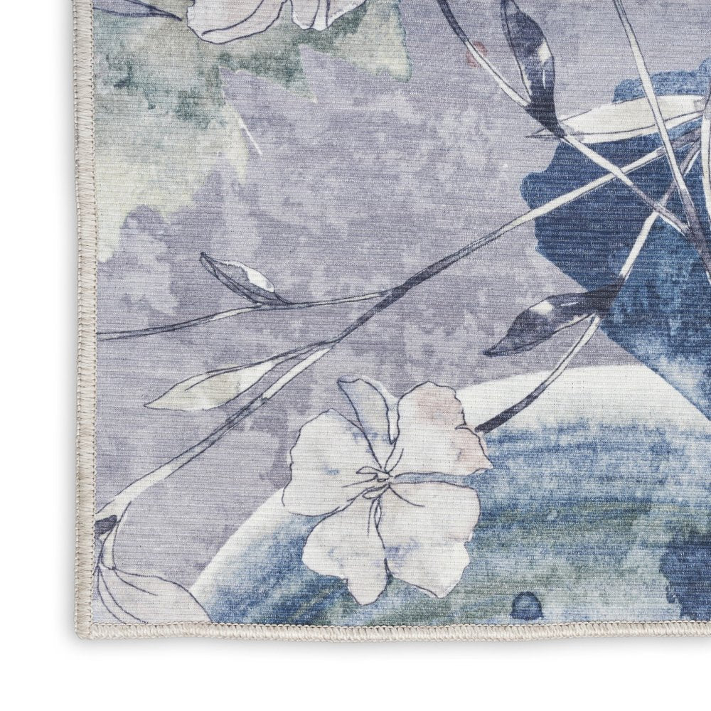 5' X 7' Ivory Blue and Gray Floral Power Loom Washable Non Skid Area Rug