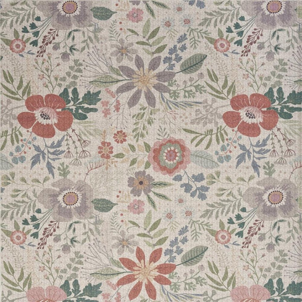 5' X 7' Ivory Green and Red Floral Power Loom Washable Non Skid Area Rug