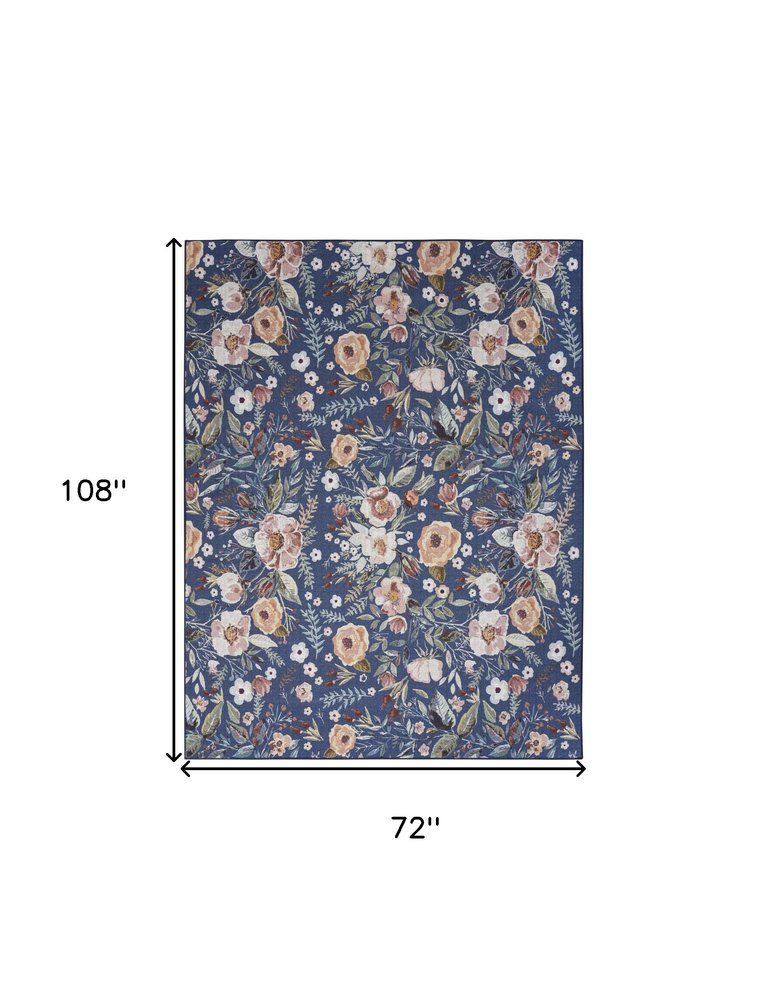 6' X 9' Blue and Green Floral Power Loom Washable Non Skid Area Rug
