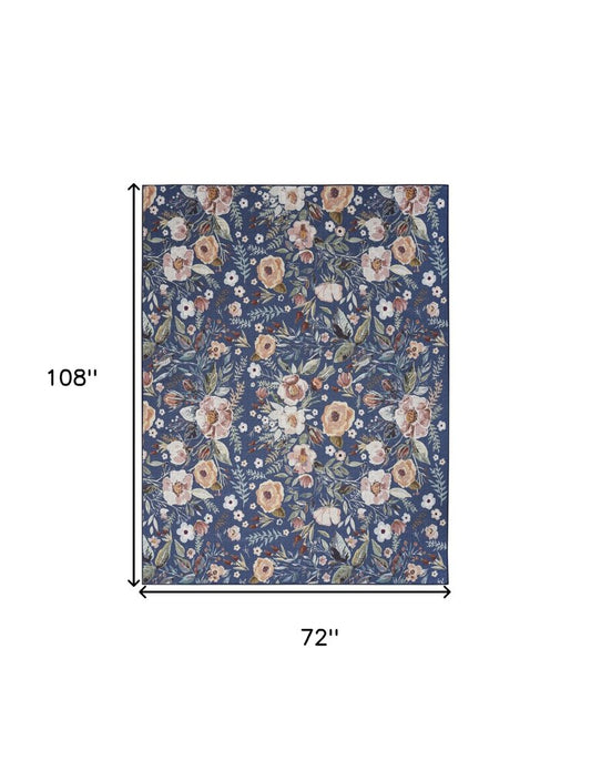 6' X 9' Blue and Green Floral Power Loom Washable Non Skid Area Rug