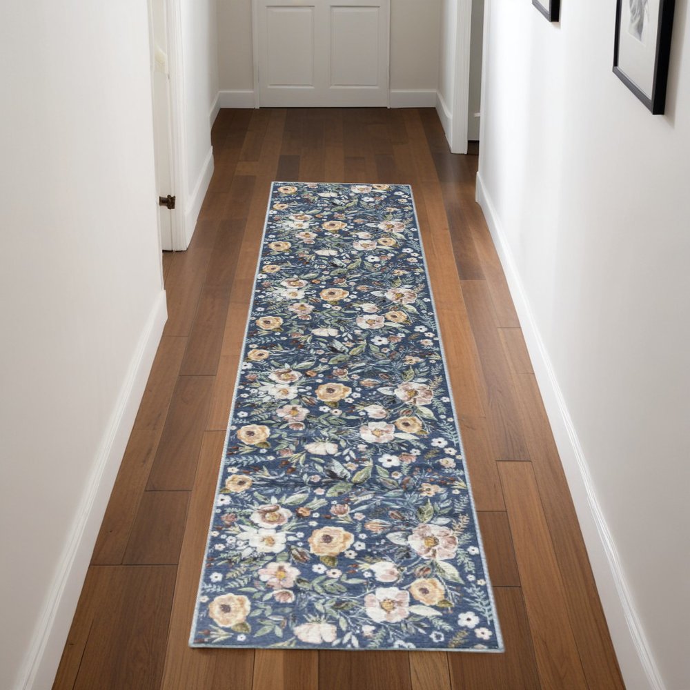 8' Blue Floral Washable Runner Rug