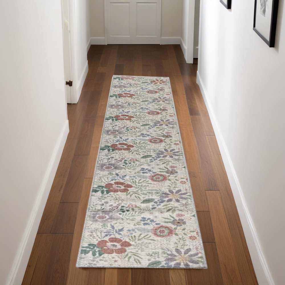 8' Cream Floral Washable Runner Rug
