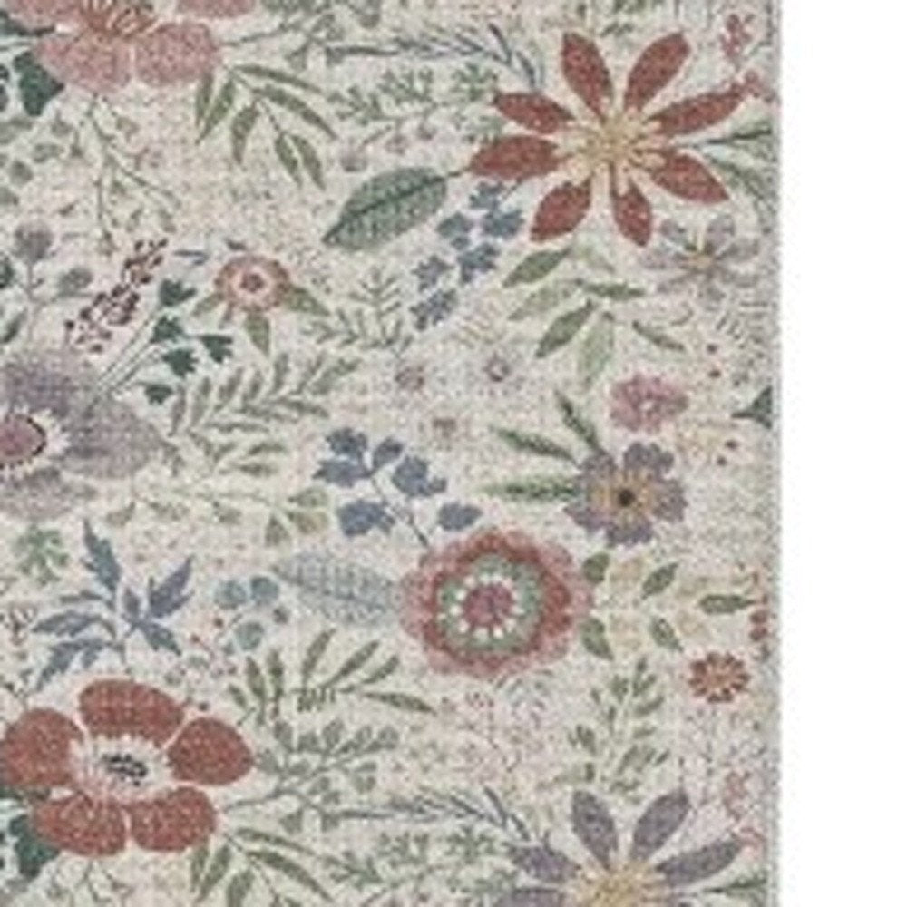 8' Cream Floral Washable Runner Rug