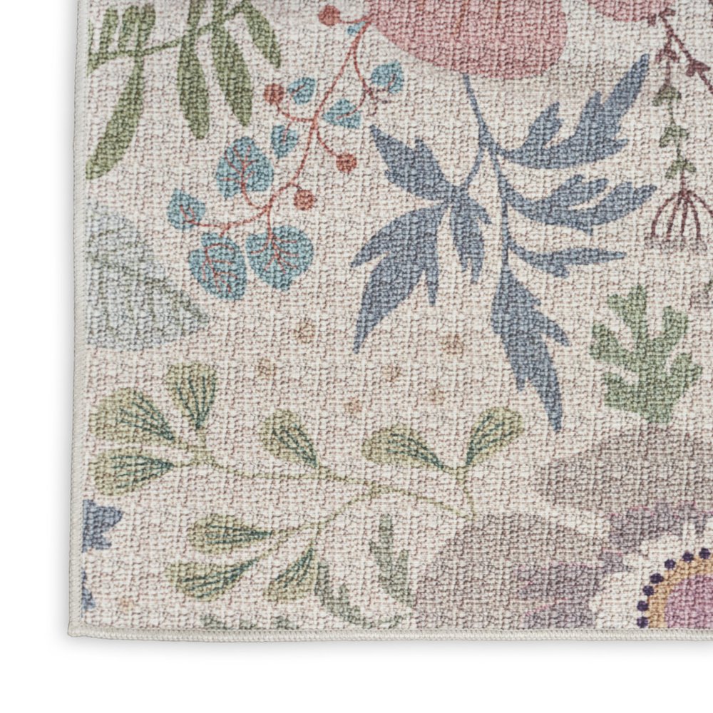 8' Cream Floral Washable Runner Rug