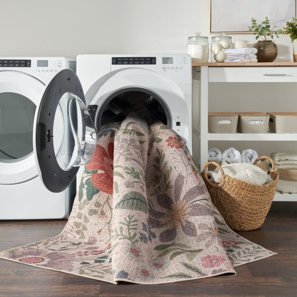 8' Cream Floral Washable Runner Rug