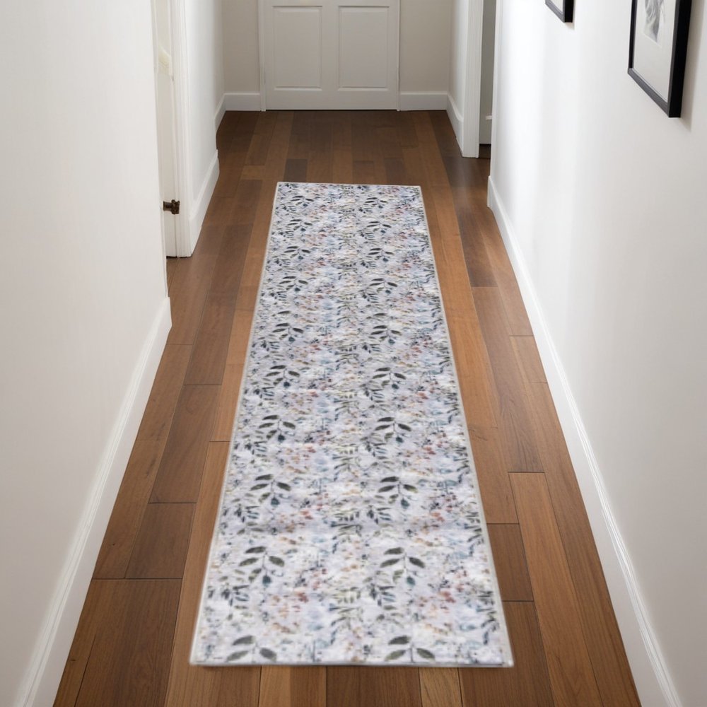 8' Cream Floral Washable Runner Rug
