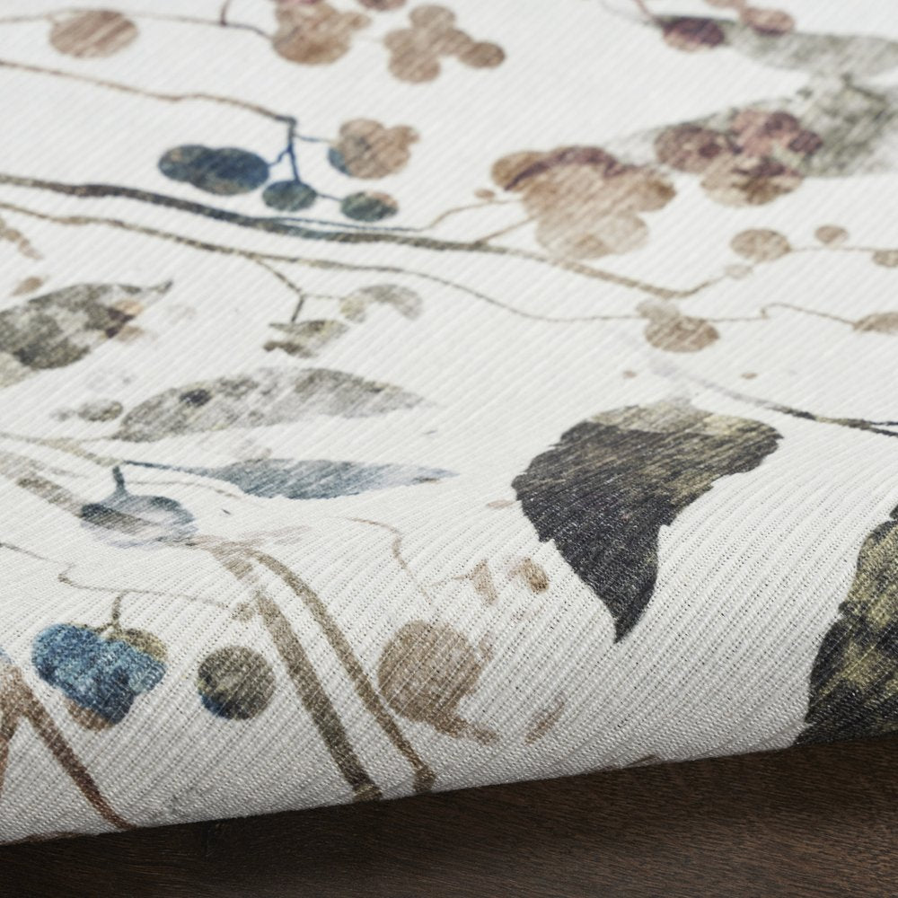 8' Cream Floral Washable Runner Rug