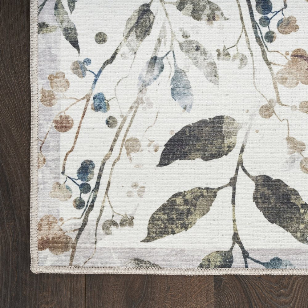 8' Cream Floral Washable Runner Rug