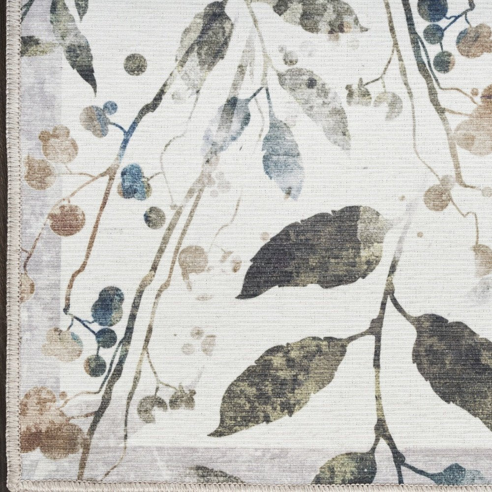 8' Cream Floral Washable Runner Rug