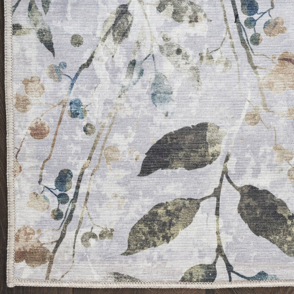 8' Gray And Blue Floral Washable Runner Rug