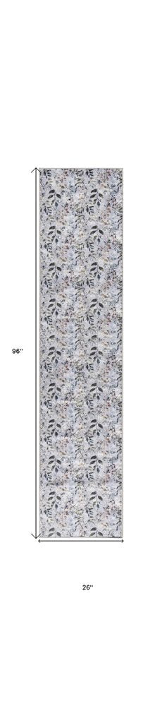 8' Gray And Blue Floral Washable Runner Rug