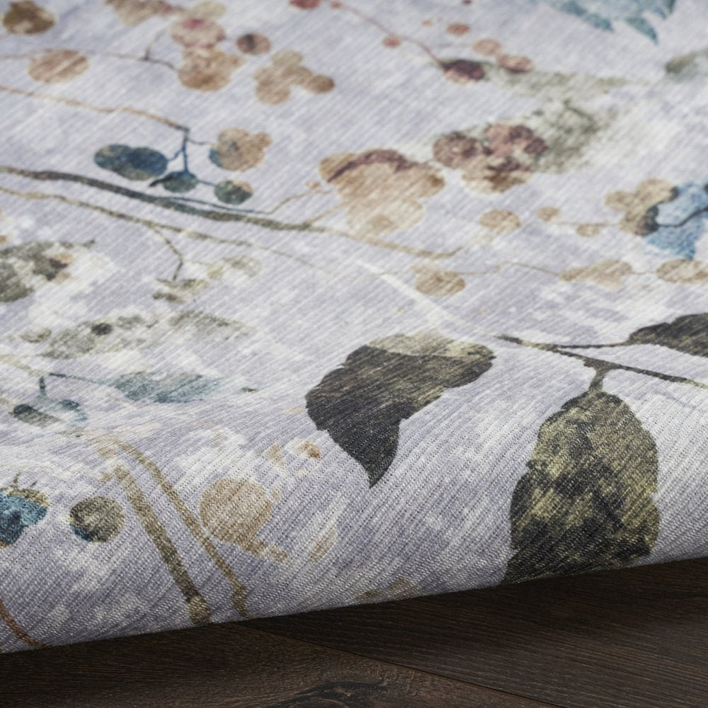 8' Gray And Blue Floral Washable Runner Rug