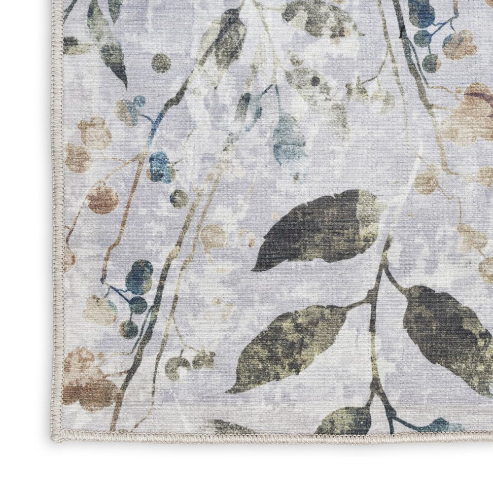 8' Gray And Blue Floral Washable Runner Rug