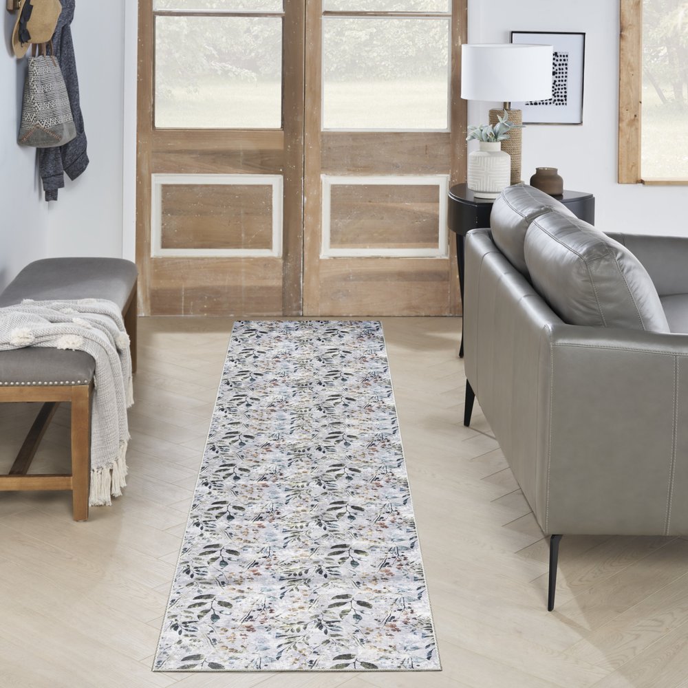 8' Gray And Blue Floral Washable Runner Rug