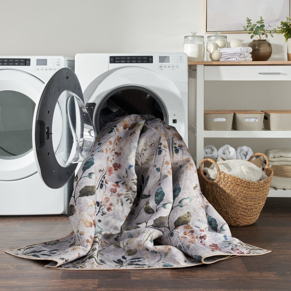 8' Gray And Blue Floral Washable Runner Rug