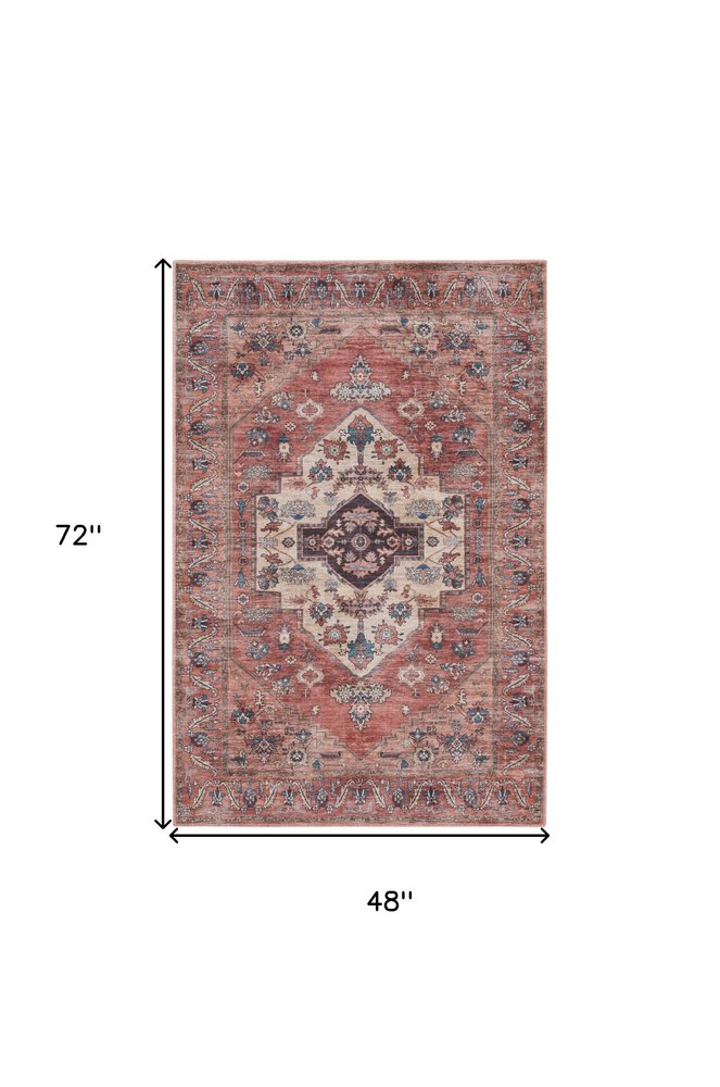 4' X 6' Blue and Red Oriental Power Loom Distressed Washable Non Skid Area Rug