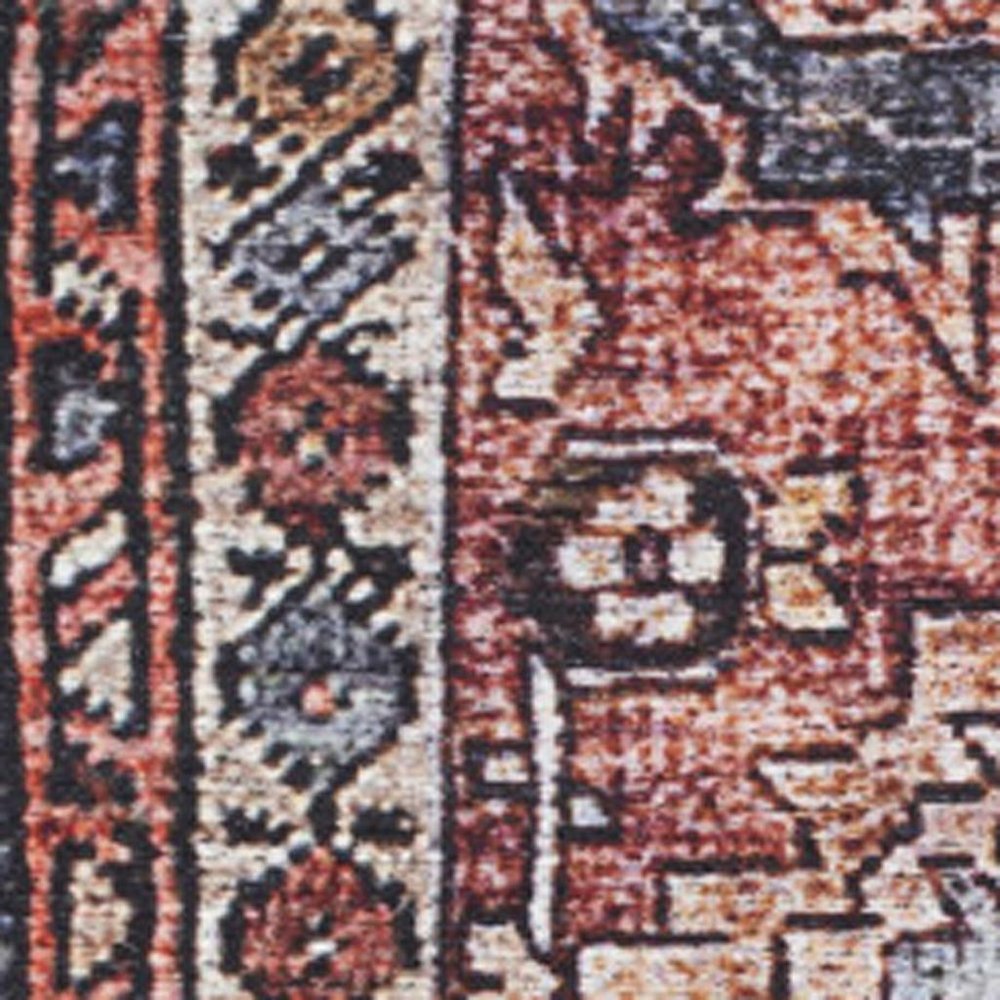 4' X 6' Blue and Red Oriental Power Loom Distressed Washable Non Skid Area Rug