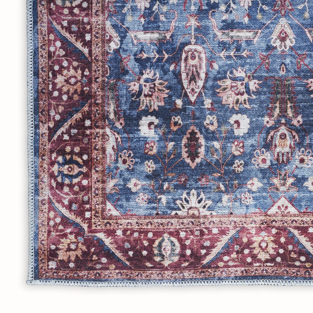 4' X 6' Blue and Red Oriental Power Loom Distressed Washable Non Skid Area Rug