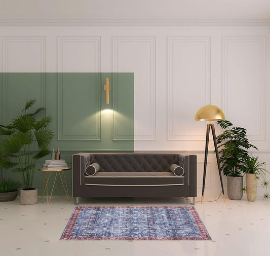 4' X 6' Blue and Red Oriental Power Loom Distressed Washable Non Skid Area Rug