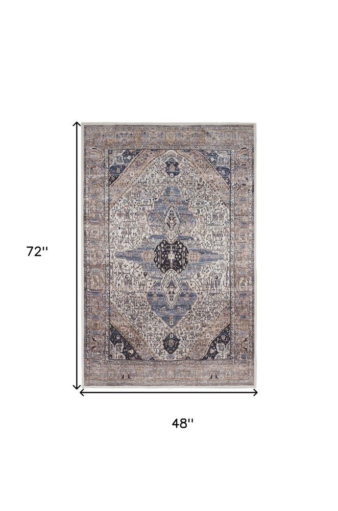 4' X 6' Ivory and Blue Oriental Power Loom Distressed Washable Non Skid Area Rug