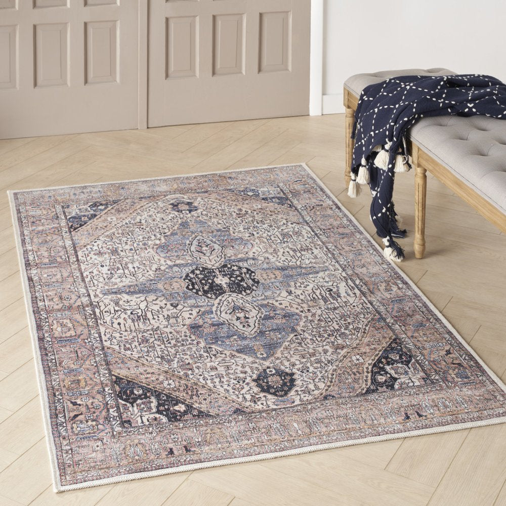 4' X 6' Ivory and Blue Oriental Power Loom Distressed Washable Non Skid Area Rug