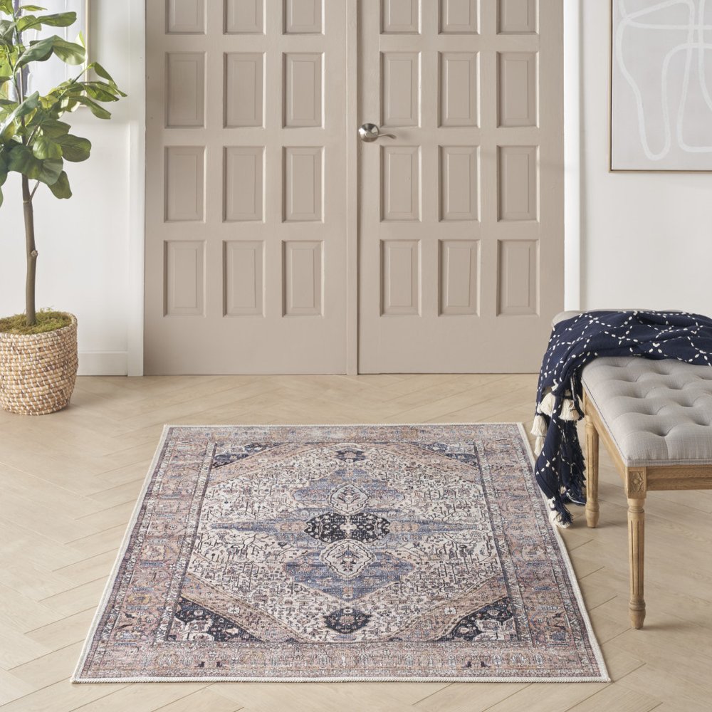 4' X 6' Ivory and Blue Oriental Power Loom Distressed Washable Non Skid Area Rug