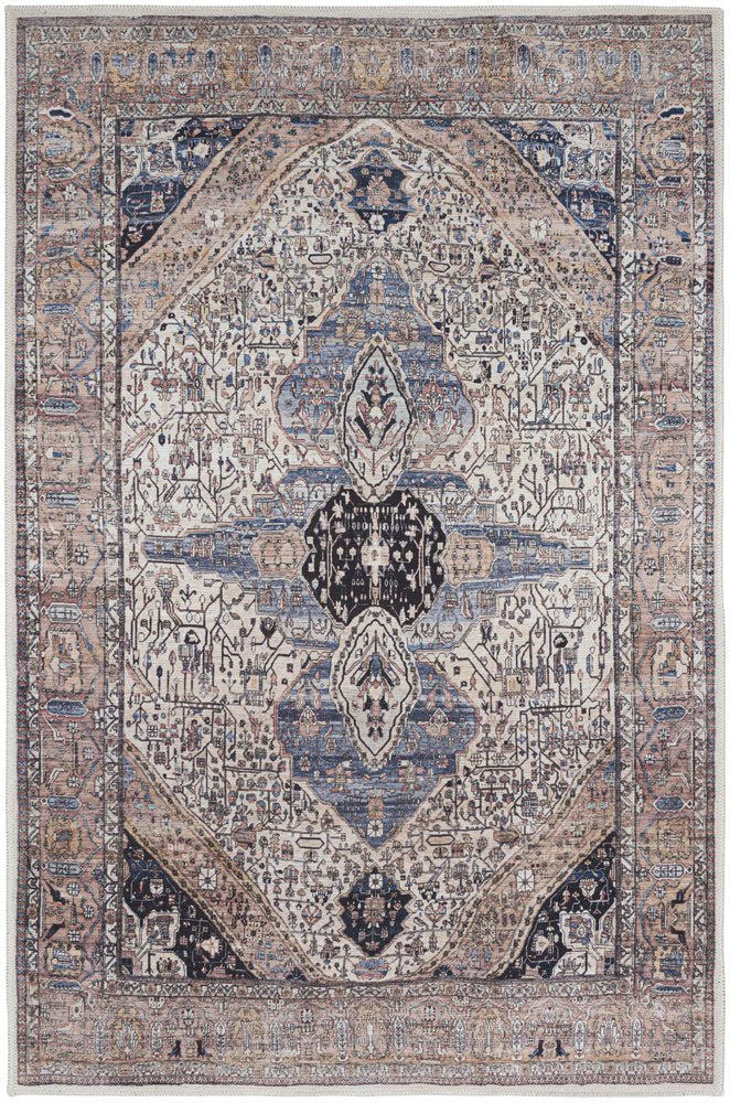 4' X 6' Ivory and Blue Oriental Power Loom Distressed Washable Non Skid Area Rug
