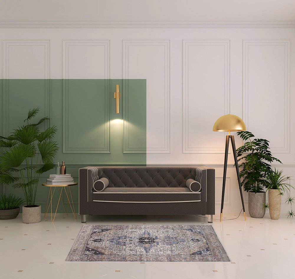 4' X 6' Ivory and Blue Oriental Power Loom Distressed Washable Non Skid Area Rug