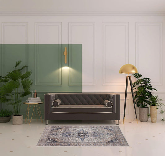 4' X 6' Ivory and Blue Oriental Power Loom Distressed Washable Non Skid Area Rug