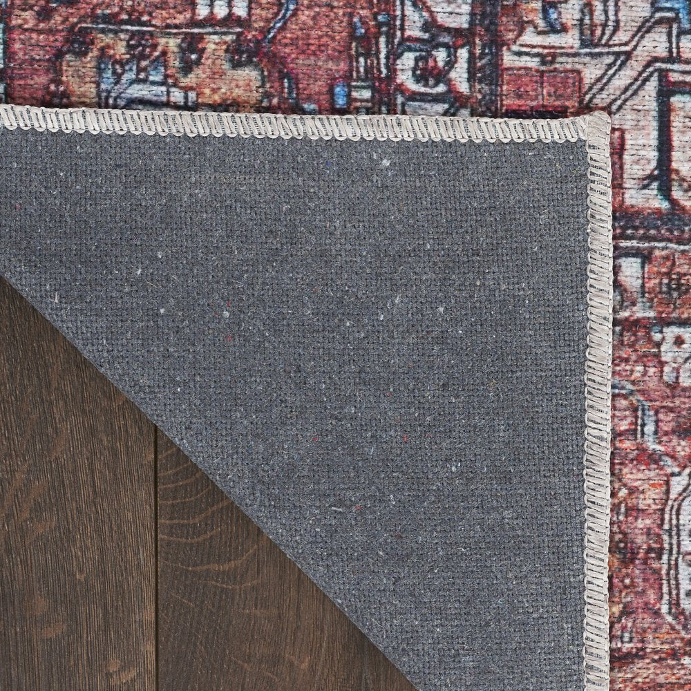 5' X 7' Red and Ivory Oriental Power Loom Distressed Washable Non Skid Area Rug