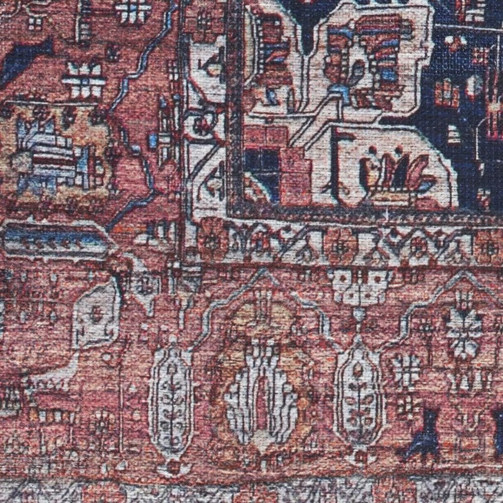 5' X 7' Red and Ivory Oriental Power Loom Distressed Washable Non Skid Area Rug