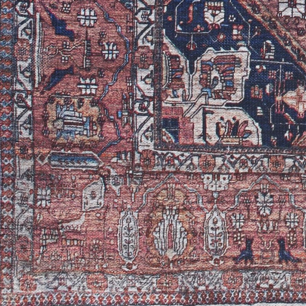 5' X 7' Red and Ivory Oriental Power Loom Distressed Washable Non Skid Area Rug