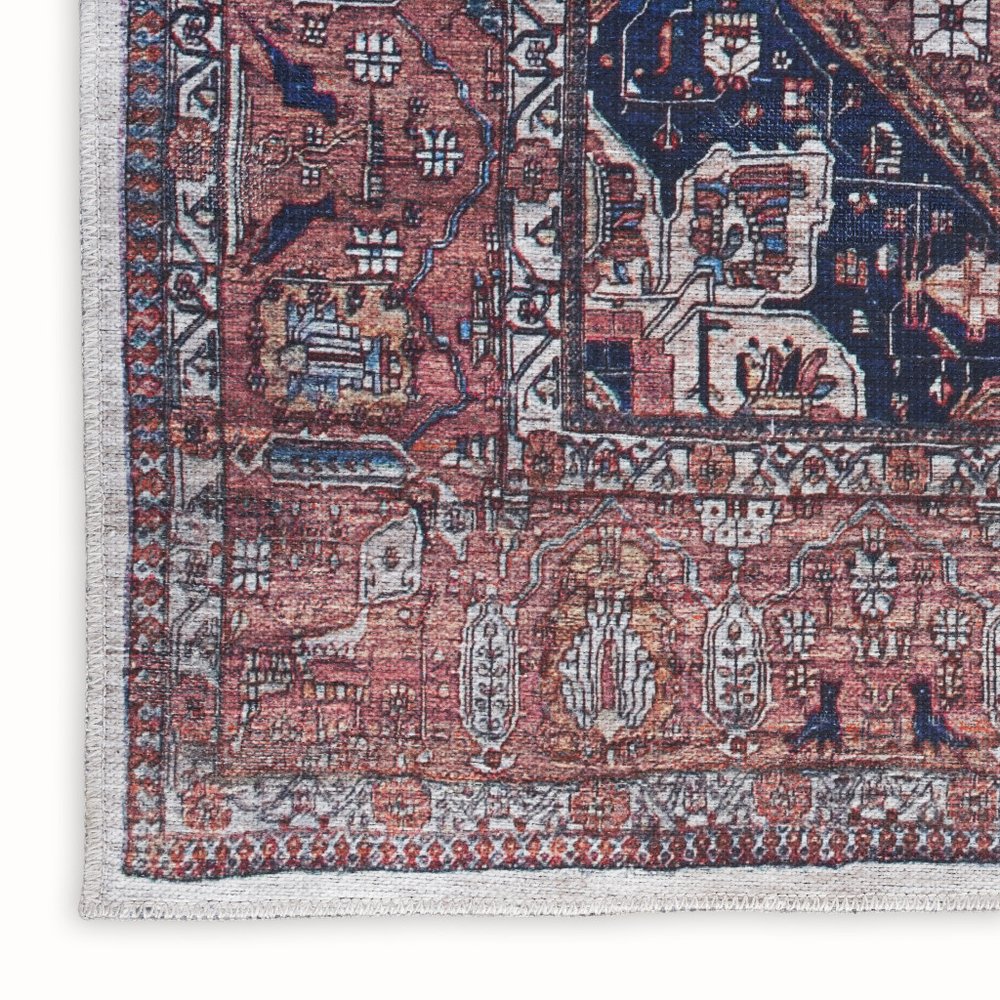 5' X 7' Red and Ivory Oriental Power Loom Distressed Washable Non Skid Area Rug