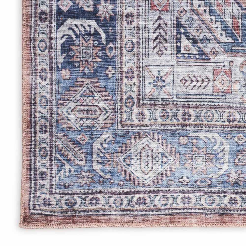 5' X 7' Blue and Red Oriental Power Loom Distressed Washable Non Skid Area Rug